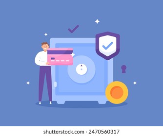 safe place to store money. protection and security on bank accounts. safety of balance or money in the account. illustration of a customer with a safe box. illustration concept design. graphic element