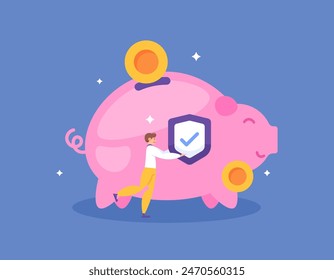 a safe place to store or save money. protection and security on bank accounts. safety of savings balance in the account. illustration of a customer with a piggy bank. illustration concept design