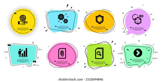 Safe planet, Attachment and Work line icons set. Chat bubbles with quotes. Forward, Augmented reality and Search files signs. Security, Graph chart symbols. Ecology, Attach document. Vector