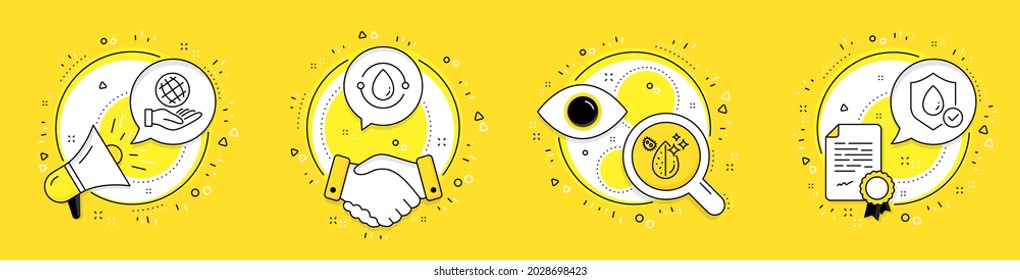 Safe planet, Cold-pressed oil and Dirty water line icons set. Megaphone, licence and deal vector icons. Waterproof sign. Ecology, Organic tested, Aqua drop. Water resistant. Nature set. Vector