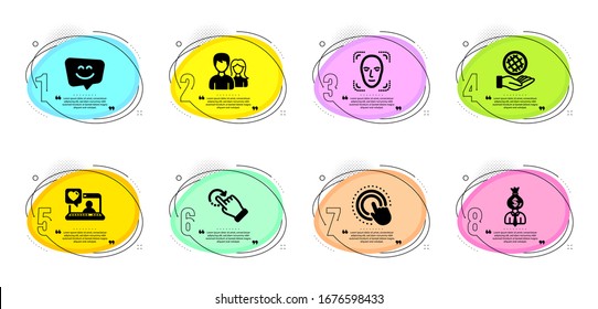 Safe planet, Couple and Click hand signs. Timeline infographic. Rotation gesture, Smile face and Face detection line icons set. Friends chat, Manager symbols. Undo, Chat. People set. Vector