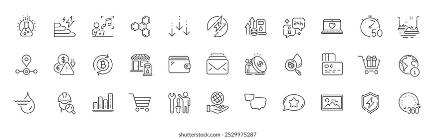 Safe planet, Electric energy and Bumper cars line icons. Pack of Web love, Chemistry lab, Music icon. Filling station, Speech bubble, Scroll down pictogram. Timer, Fuel price, Deflation. Vector