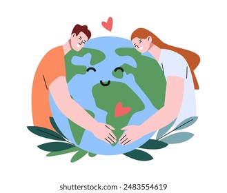 Cartel de planeta seguro. Pareja sonriente abrazando la tierra, sostenga el globo en las manos. Respetuoso del medio ambiente y la Asistencia de la naturaleza y el medio ambiente, concepto de Vector kicky verde