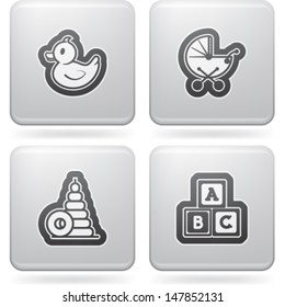 Safe playtime: Kids toys, pictured here from left to right, top to bottom:  Rubber duck, Baby stroller, Blocks, Letter blocks. 