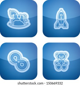 Safe playtime: Kids toys, pictured here from left to right, top to bottom:  Rocking horse, Space rocket, Race track, Teddy bear. 
