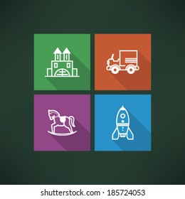 Safe playtime: Kids toys, pictured here from left to right, top to bottom - Blocks, Car, Rocking horse, Space rocket. 