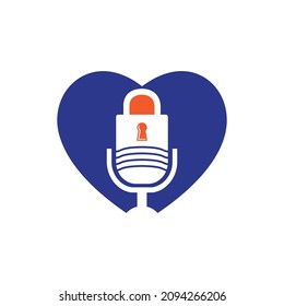 Diseño de logotipo vectorial de podcast seguro. Padlock y micrófono con diseño de logotipo de vectores de iconos cardíacos.	