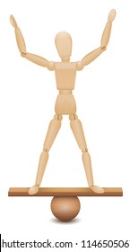 Posición segura. Un acto de equilibrio de una figura de madera de pie con una sensación segura y segura y aplomada en una construcción inestable. Ilustración vectorial sobre fondo blanco.