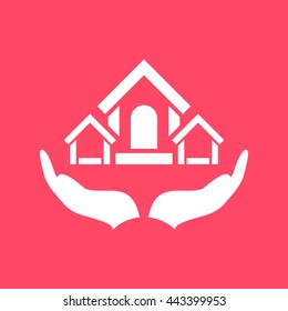 Safe & Protected home in Hand white icon on magenta color background. Eps-10.