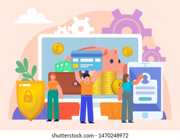 Safe, protected online mobile payments, electronic wallet. Group of people stand near big screen, phone, shield. Flat vector illustration.  Poster for social media, web page, banner, presentation
