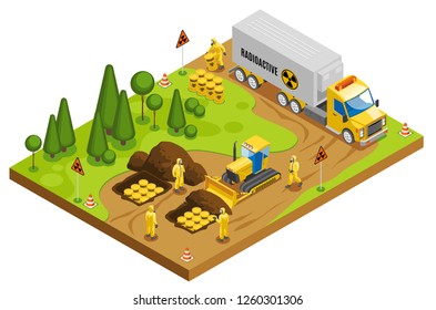 Safe radioactive toxic waste management storage transportation and disposal in underground geological repository isometric composition vector illustration