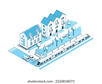 Safe railway crossing - vector isometric illustration. A street with residential buildings, barrier blocked the road for car and truck, and a fast train is passing by. Life in the suburbs idea