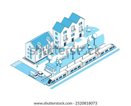 Safe railway crossing - vector isometric illustration. A street with residential buildings, barrier blocked the road for car and truck, and a fast train is passing by. Life in the suburbs idea