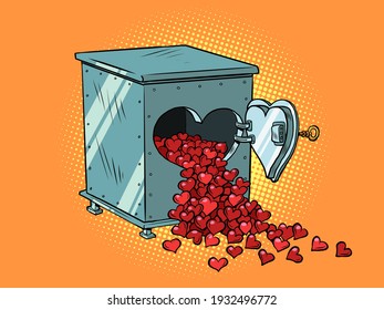 Safe with red valentine hearts. Cartoon comic book pop art illustration drawing