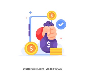 safe and reliable online loan concept, prizes. giving loan money online. illustration of a hand emerging from a smartphone and giving a bag of money. technology and business. flat style design