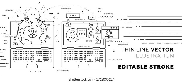 Safe remote working from home concept. Online communication service. Virtual team. Work outside of a traditional office environment with network technologies. Eps10 vector illustration