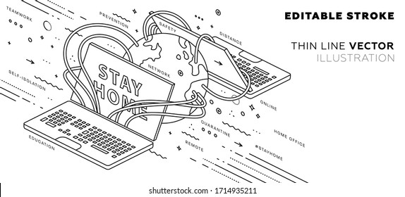  El concepto de trabajo remoto seguro desde casa. Servicio de comunicación en línea. Equipo virtual. Trabajar fuera de un entorno de oficina tradicional con tecnologías de red. Ilustración vectorial Eps10