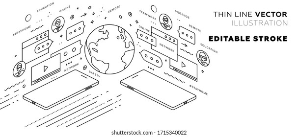 Safe remote working from home concept. Online communication service. Virtual team. Work outside of a traditional office environment with network technologies. Eps10 vector illustration