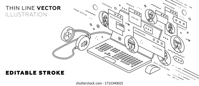 Safe Remote Working From Home Concept. Online Communication Service. Virtual Team. Work Outside Of A Traditional Office Environment With Network Technologies. Eps10 Vector Illustration