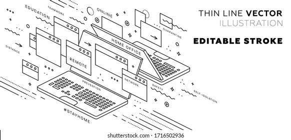 Safe Remote Working From Home Concept. Mobile Application Development And Coding. Virtual Team. Work Outside Of A Traditional Office Environment With Network Technologies. Eps10 Vector Illustration