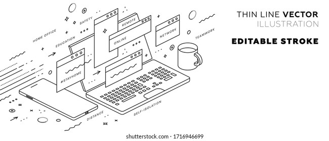 Safe Remote Working From Home Concept. Mobile Application Development And Coding. Virtual Team. Work Outside Of A Traditional Office Environment With Network Technologies. Eps10 Vector Illustration