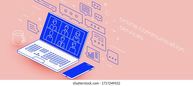 Safe Remote Working From Home Concept. Online Communication Service. Virtual Team. Work Outside Of A Traditional Office Environment With Network Technologies. Eps10 Vector Illustration