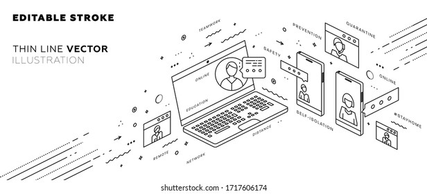 Safe Remote Working From Home Concept. Online Communication Service. Virtual Team. Work Outside Of A Traditional Office Environment With Network Technologies. Eps10 Vector Illustration