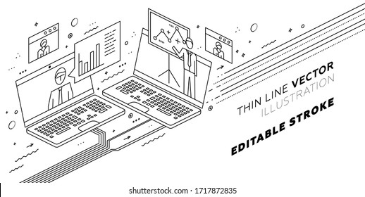 Safe remote working from home concept. Online communication service. Virtual team. Work outside of a traditional office environment with network technologies. Eps10 vector illustration