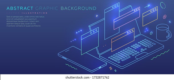 Safe remote working from home concept. Mobile application development and coding. Virtual team. Work outside of a traditional office environment with network technologies. Eps10 vector illustration