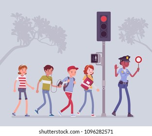 Safe road crossing. Policewoman teaching and helping children to avoid street danger or risk, walking pedestrians look for traffic and follow semaphore signal. Vector flat style cartoon illustration