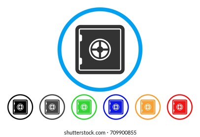 Safe rounded icon. Vector illustration style is a grey flat iconic safe symbol inside a circle. Additional color versions are black, grey, green, blue, red, orange.
