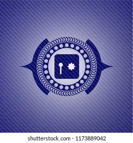 safe, safety deposit box icon inside badge with denim background