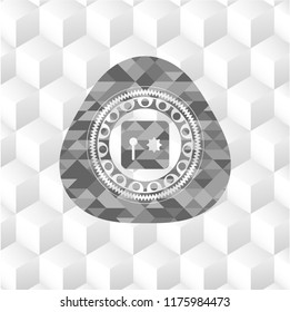 safe, safety deposit box icon inside grey badge with geometric cube white background