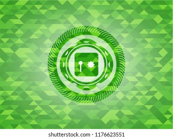 safe, safety deposit box icon inside green emblem. Mosaic background