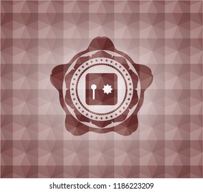safe, safety deposit box icon inside red badge with geometric pattern. Seamless.