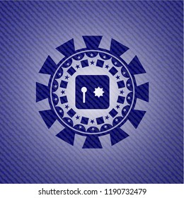 safe, safety deposit box icon inside jean or denim emblem or badge background