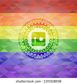 safe, safety deposit box icon inside emblem on mosaic background with the colors of the LGBT flag