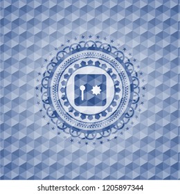 safe, safety deposit box icon inside blue emblem or badge with abstract geometric polygonal pattern background.