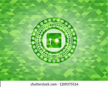 safe, safety deposit box icon inside green emblem with mosaic background