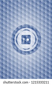 safe, safety deposit box icon inside blue emblem or badge with geometric pattern background.