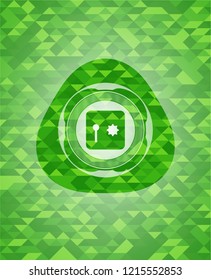 safe, safety deposit box icon inside green emblem with triangle mosaic background