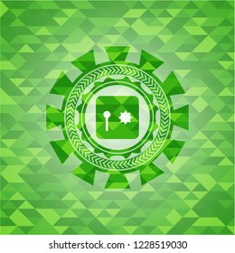 safe, safety deposit box icon inside green emblem with mosaic background