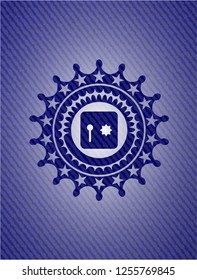 safe, safety deposit box icon inside emblem with denim high quality background