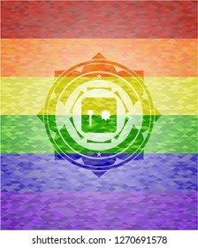 safe, safety deposit box icon inside emblem on mosaic background with the colors of the LGBT flag