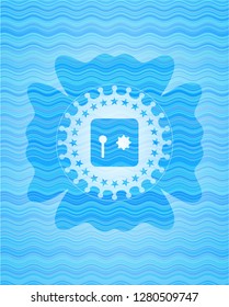 safe, safety deposit box icon inside light blue water style badge.