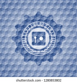 safe, safety deposit box icon inside blue badge with geometric pattern background.
