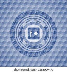 safe, safety deposit box icon inside blue emblem or badge with abstract geometric polygonal pattern background.