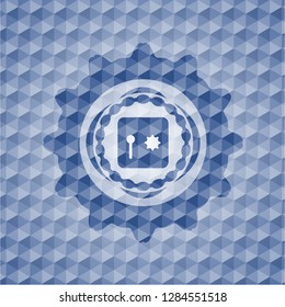 safe, safety deposit box icon inside blue hexagon emblem.