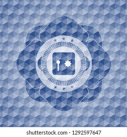safe, safety deposit box icon inside blue emblem or badge with abstract geometric pattern background.