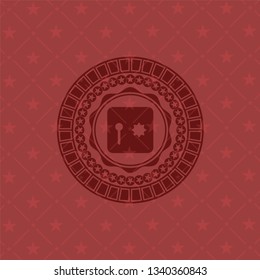 safe, safety deposit box icon inside red emblem. Retro